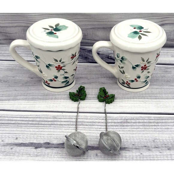 Pfaltzgraff Other - PAIR OF PFALTZGRAFF WINTERBERRY TEA CUPS WITH LIDS / COASTERS AND TEA INFUSERS